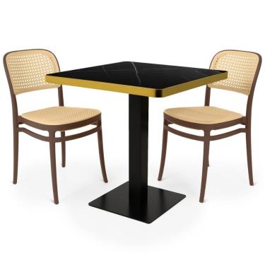 Imagem de Conjunto Mesa De Jantar Redonda Venezia 70x70cm Preta Com 2 Cadeiras Roma - Marrom