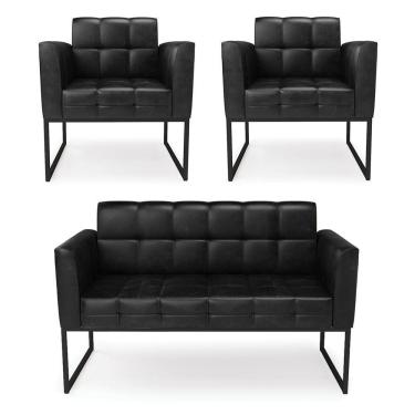Imagem de Kit 1 Sofá Namoradeira E 2 Poltronas Elisa Corano Preto Base Metálica Industrial Preto - D'rossi