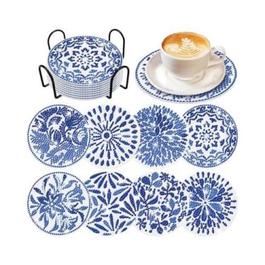 Imagem de Conjunto De 8 Porta-Copos Pintados Com Padrão De Porcelana Azul E Bran