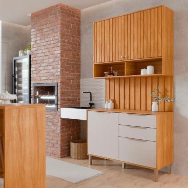 Imagem de Armário Aéreo Com Balcão Painel Divina 120cm 4 Portas E 2 Gavetas Cinamomo/Off White