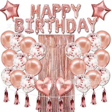 Imagem de Kit de balões de aniversário Mylar Rose Gold 49 unidades com cortina d