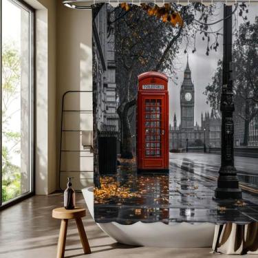 Imagem de Cortina de chuveiro Urban Red Phone Booth impermeável 180x200cm - Yiwe