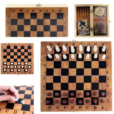 Imagem de Jogo De Xadrez Dama E Gamão Maleta 3 Em 1 De Madeira