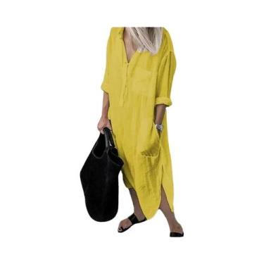 Imagem de Vestido Feminino Casual De Verão Em Algodão E Linho, Elegante, Cor Sól