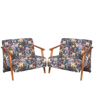 Imagem de Kit 2 Poltronas Namoradeira Venus Retro Bar 107 Suede Estampada Braço Madeira Maciça Unidecor