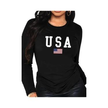 Imagem de Camiseta Feminina De Manga Longa 100% Algodão Com Estampa Da Bandeira 