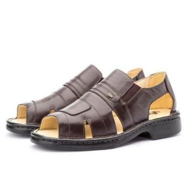 Imagem de Sandalia Masculina Em Couro Calce Facil Elastico Ortopedica Linha Conforto Forrada Macia Anatomica-Masculino