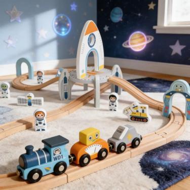 Imagem de Conjunto Ferrovia Infantil Estação Espacial em Madeira Ferrorama Educativo Tooky Toy