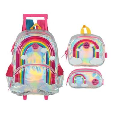 Imagem de Kit Mochila Escolar de Carrinho + Lancheira + Estojo UP4YOU Arco-íris,