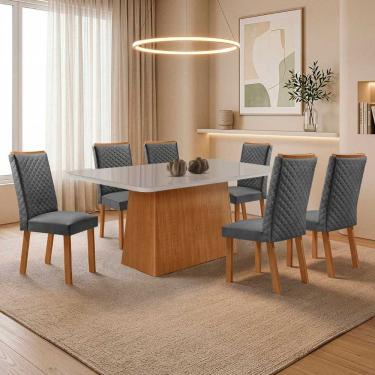 Imagem de Conjunto de Jantar Aida Lira 6 Lugares Tampo MDF com Vidro Serigrafado Off White 180CM Moderna