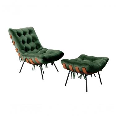 Imagem de Poltrona com Puff Costela Decorativa Veludo Verde com Pés Palito Fibra Siliconada Bella Decor