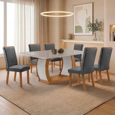 Imagem de Conjunto de Jantar Milena 6 Lugares Tampo MDF com Vidro Serigrafado Base em V com Cadeiras Lira Linho Off White 180CM