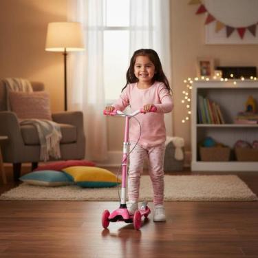 Imagem de Patinete Infantil Dobrável Rosa com 3 Rodas, Guidão Ajustável e Rodas 