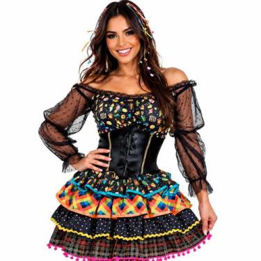 Imagem de Vestido Festa Junina Adulto de Luxo Com Saia Armada Preto Xadrez - Fan