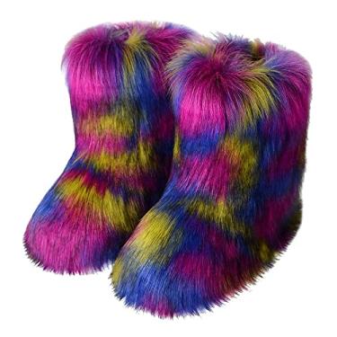 Imagem de TangDao Botas coloridas de pele sintética para mulheres, felpudo, felpudo, bico redondo, camurça, inverno, confortável, pelúcia, quente, curto, botas de neve, botas de cano médio para