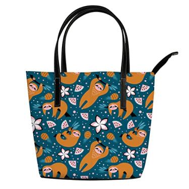 Imagem de Bolsa de ombro para mulheres, linda preguiça, frutas, flores, couro, comprador, bolsa de trabalho, grande casual