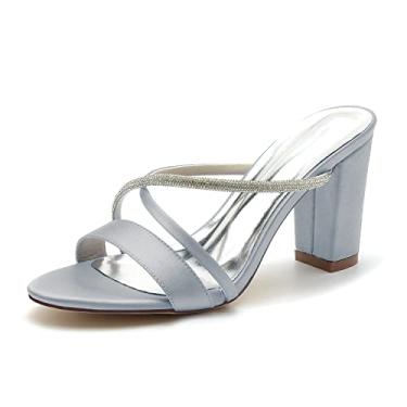 Imagem de Sapatos de noiva femininos Chunky Peep Toe sapatos de salto alto marfim sapatos de cetim sapatos sociais 36-43,Silver,10 UK/43 EU