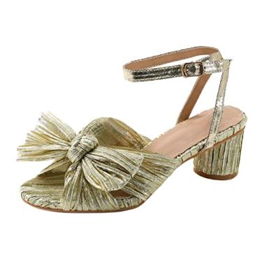 Imagem de Sandálias femininas de salto com tira no tornozelo salto com laço, Dourado, 9