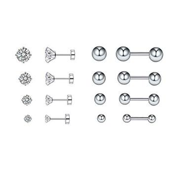 Imagem de 8 pares de brincos de zircônia cúbica redonda de aço inoxidável cirúrgico de 20 g para mulheres, homens, tragus, barra, parafusos, traseiras, piercings hipoalergênicos, conjunto de joias de 3 mm, 4 mm, 5 mm, 6 mm