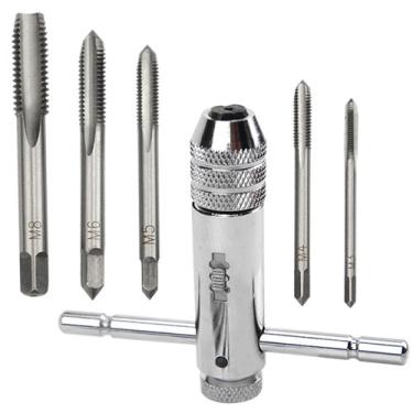 Imagem de XINGYHENG Chave de suporte de torneira de roda de catraca ajustável reversível para ambos os lados e 5 peças M3-M8 Metric Tread Tap Acessórios de rosca manual