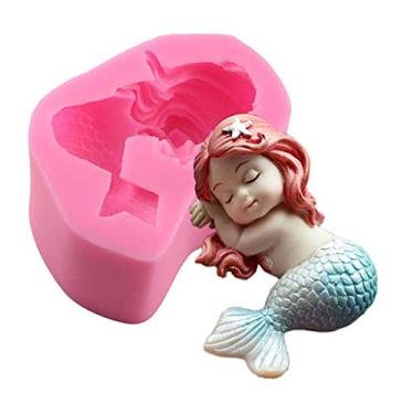 Imagem de OBTANIM Molde de cobertura de sereia de silicone fofo 3D dormindo para bebês meninas molde topo de bolo DIY ferramenta de decoração para artesanato de açúcar, chocolate, vela, fabricação de sabão e artesanato