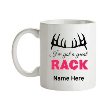 Imagem de Canecas de caça personalizadas para mulheres, caneca de cervo, caneca de caça engraçada, eu tenho um ótimo rack, caneca de caça de cervo, chifre de caneca de cervo