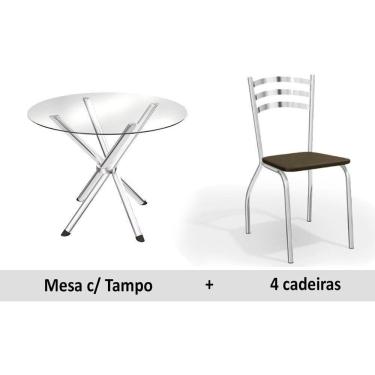 Imagem de Conjunto: Mesa Sala Jantar Volga c/ Tampo Vidro 95cm + 4 Cadeiras Portugal Cromado/Courano Marrom - Kappesberg