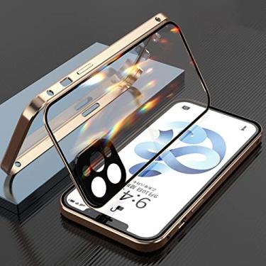 Imagem de Capa de telefone de metal magnético de vidro duplo lado para iphone 14 13 pro max 11 12 xs xr 7 8 plus capa de ímã de proteção de lente de câmera, ouro, para iphone 14 plus