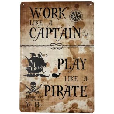 Imagem de Placa de lata Forever_USA | Pôster de parede de metal | Trabalhe como um Capitão Jogue como um pirata 20,32 x 30,48 cm | Placa decorativa divertida para decoração de casa bar restaurante garagem | Estilo de mapa antigo do tesouro (conjunto com 1)