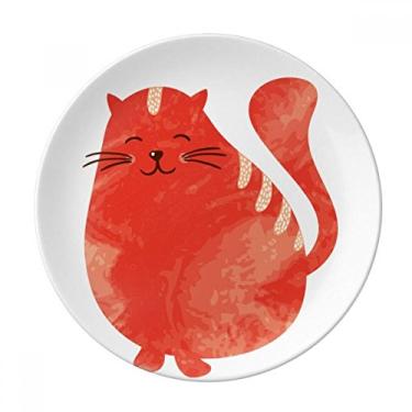 Imagem de Prato de aquarela de gato gordo sorrindo laranja decorativo de porcelana salver louça de jantar