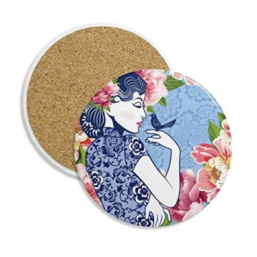 Imagem de Caneca de porta-copos feminina com flor de pássaro da cultura chinesa, pedra absorvente de proteção de mesa