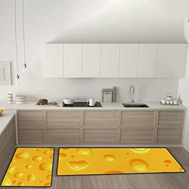 Imagem de Tapetes de cozinha adoráveis de queijo amarelo antiderrapante conjunto de 2 tapetes de cozinha, tapete confortável antifadiga para sala de jantar, lavanderia, escritório