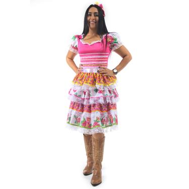 Imagem de Fantasia Vestido Caipira Babados Flores Adulto com Tiara - Festa Junina 
 G