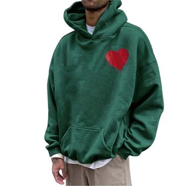 Imagem de Moletom com capuz masculino com estampa de coração amoroso suéter casual leve moletom com capuz Street Hip Hop pulôver top, Verde, GG