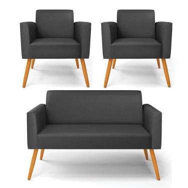 Imagem de Sofá Namoradeira Com 2 Poltronas Pés Palito Castanho Marisa Corino D03 - D\`rossi Cor Preto