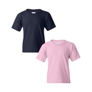 Imagem de Gildan Camiseta juvenil de algodão pesado, estilo G5000B, pacote com 2, Azul-marinho - rosa claro, X-Large