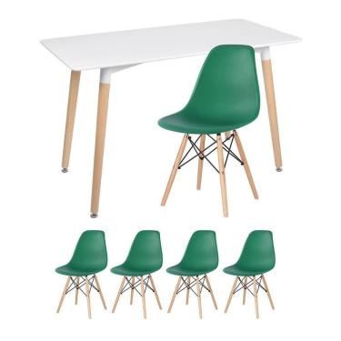 Imagem de Mesa De Jantar Retangular Eames 60 X 120 Cm Branco + 4 Cadeiras Eiffel Dsw Verde Escuro