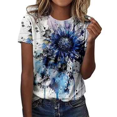 Imagem de Camiseta estampada de manga curta plus size com estampa de dente-de-leão lindas camisetas estampadas casuais de verão para férias, F#_azul, M