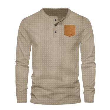 Imagem de Camiseta masculina casual de negócios Henley manga longa dia lazer botão cor sólida xadrez patch bolso camisetas, Caqui, P