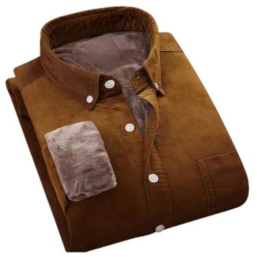 Imagem de Camisa masculina de lã grossa de algodão de veludo cotelê quente de inverno masculina com botões macios streetwear camisa masculina, Marrom, G