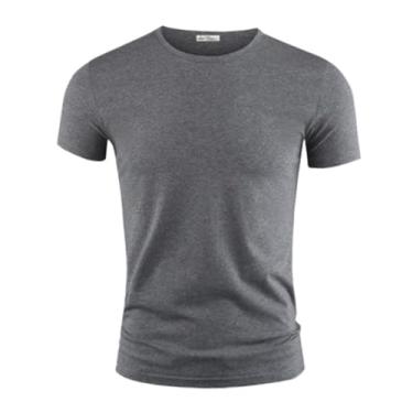 Imagem de Camiseta masculina cor pura gola V e O manga curta camisetas masculinas fitness para roupas masculinas 1, Gola redonda cinza escuro, 4G