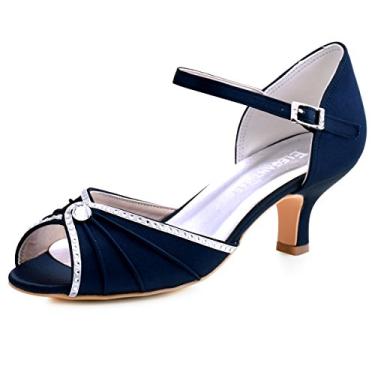 Imagem de ElegantPark HP1623 Sandália feminina peep toe salto médio plissado cristal cetim sapato vestido de casamento, Azul marinho, 8