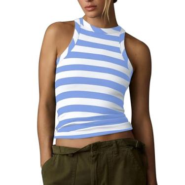 Imagem de ACCPUR Camiseta regata feminina listrada colorida sem mangas costas nadador gola redonda Y2K malha Ringer sexy slim fit 2024, Azul, branco, G