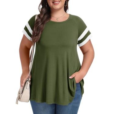 Imagem de LARACE Camiseta feminina plus size túnica básica de verão manga curta casual gola redonda, Verde militar/branco, 3X
