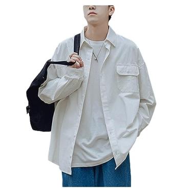 Imagem de Camisetas masculinas de manga comprida, ajuste relaxado, com botões, aba e bolso, lapela e sensação suave, Branco, XG