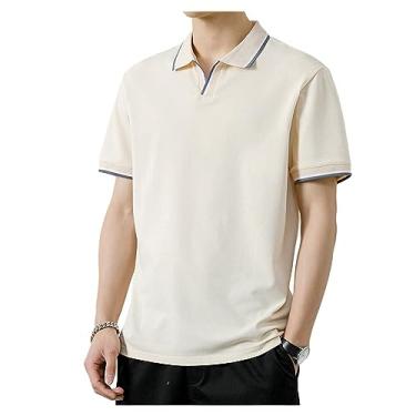 Imagem de Camisa polo masculina de seda gelo de lapela sólida com botão para treino camiseta atlética secagem rápida curta, Bege, XG