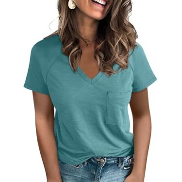 Imagem de PGANDS Camisetas femininas de manga curta gola V casual de verão raglan camisetas com bolso dividido lateral, Azul-petróleo, G