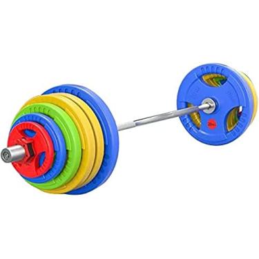 Imagem de Conjunto de peso de barra Conjunto de barra olímpica de borracha de ferro fundido de 150 kg, incluindo barra olímpica de 220 cm e placa de peso, com fivelas antiderrapantes, equipamento de t