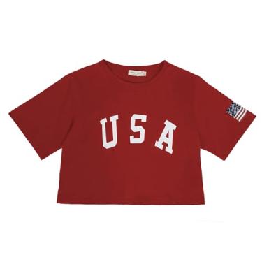Imagem de Anna-Kaci Camiseta feminina com estampa de letras, manga curta, 4 de julho, bandeira dos EUA, Vermelho, GG