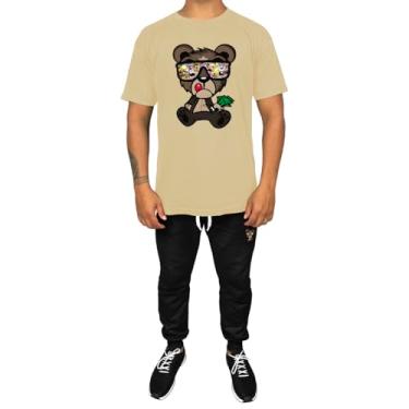 Imagem de Kit Conjunto Masculino Camiseta Algodão e Calça Moletom Casual Estampado Urso Dollar (Bege, M)